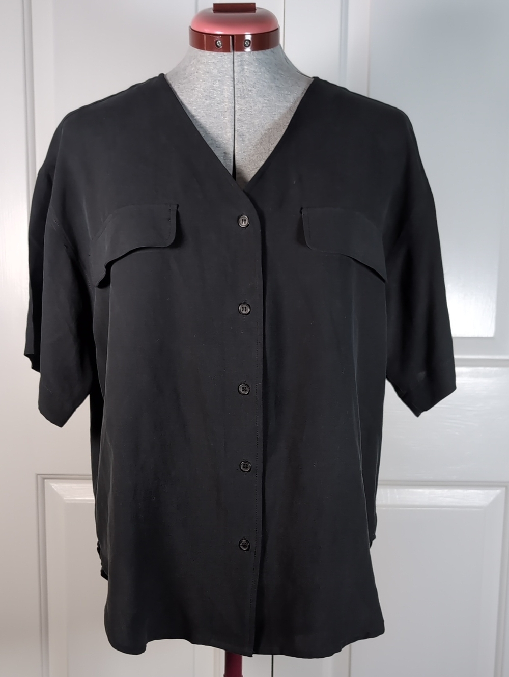 Vintage 90s Black Silk Utility Blouse Short Sleeve V Neck Shirt Goth Minimalist